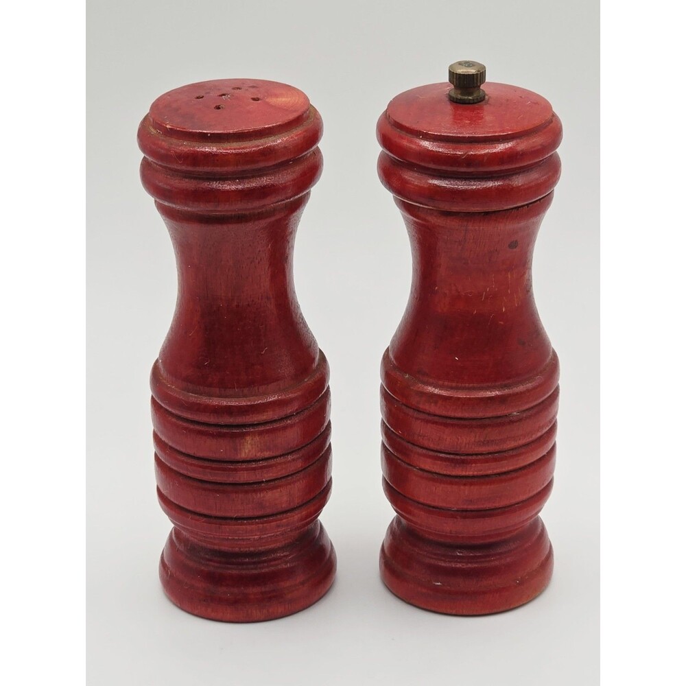 Vintage Wooden Pepper Grinder Mill Salt Shaker Set Red Farmhouse Chic